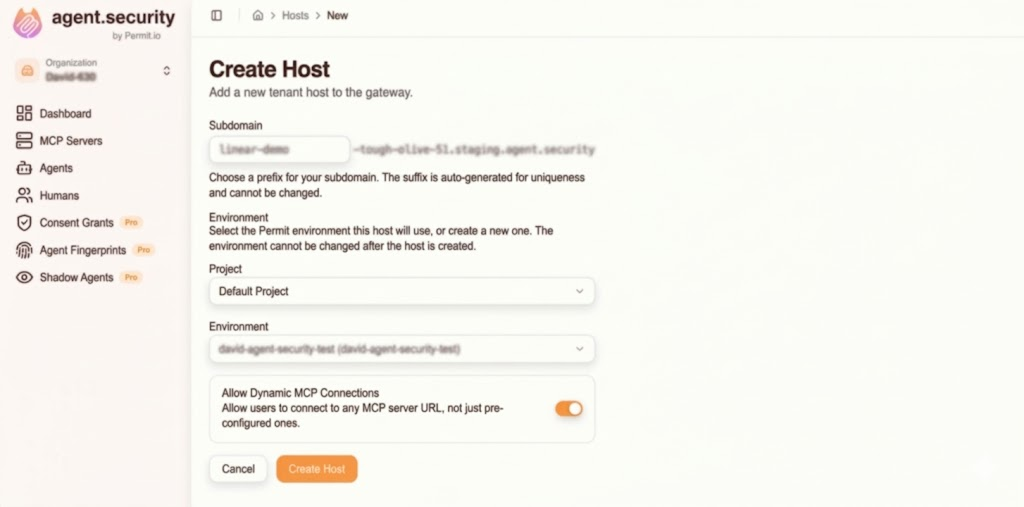Host creation form with subdomain, project, and environment fields